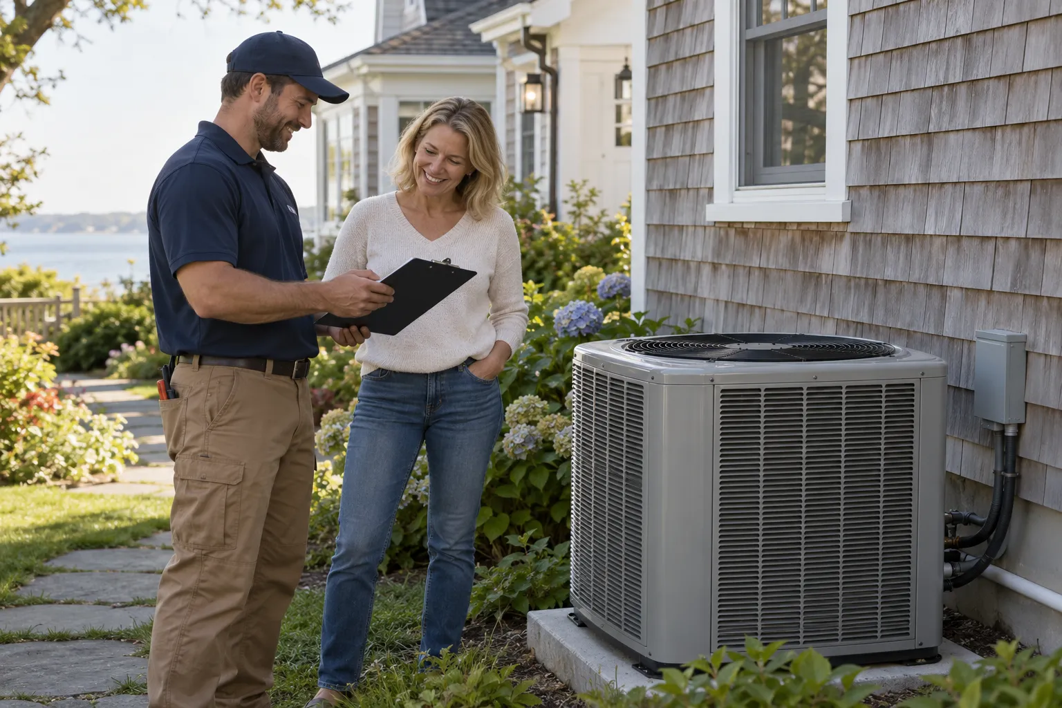 Homeowner and HVAC provider reviewing a new outdoor AC unit beside a home in New York