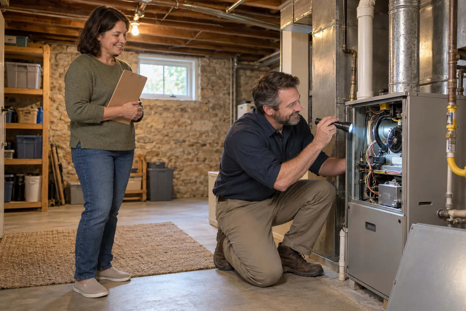 Friendly HVAC provider inspecting a furnace in a home basement in New York while a homeowner looks on