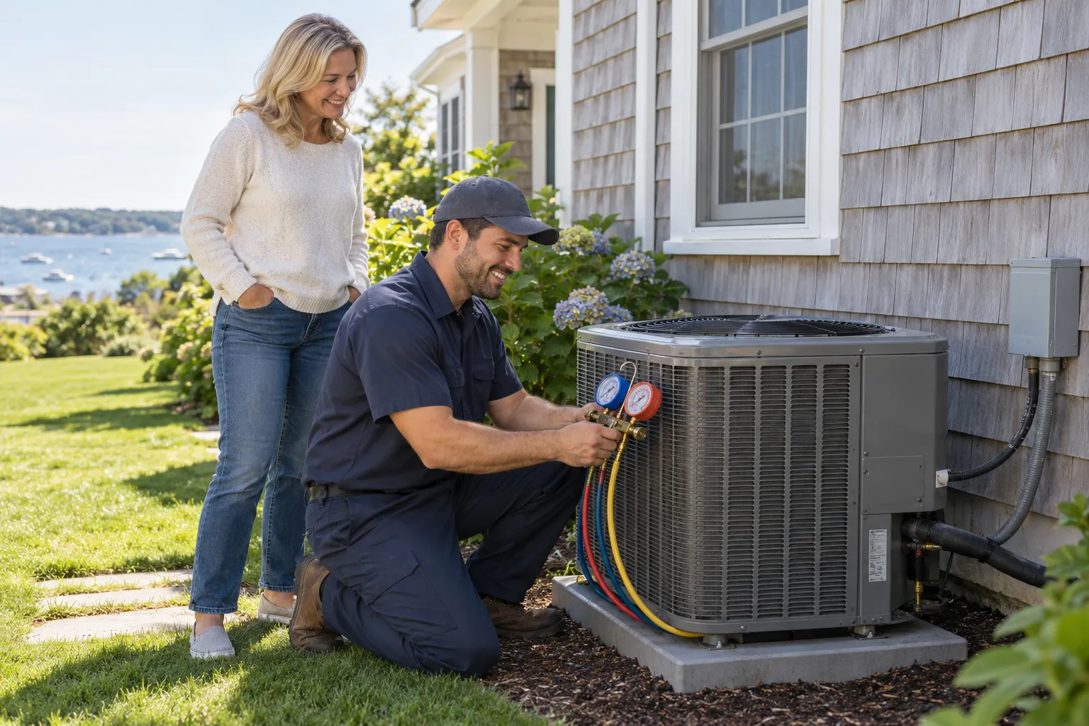 A friendly HVAC provider checking an outdoor air conditioner beside a house in New York